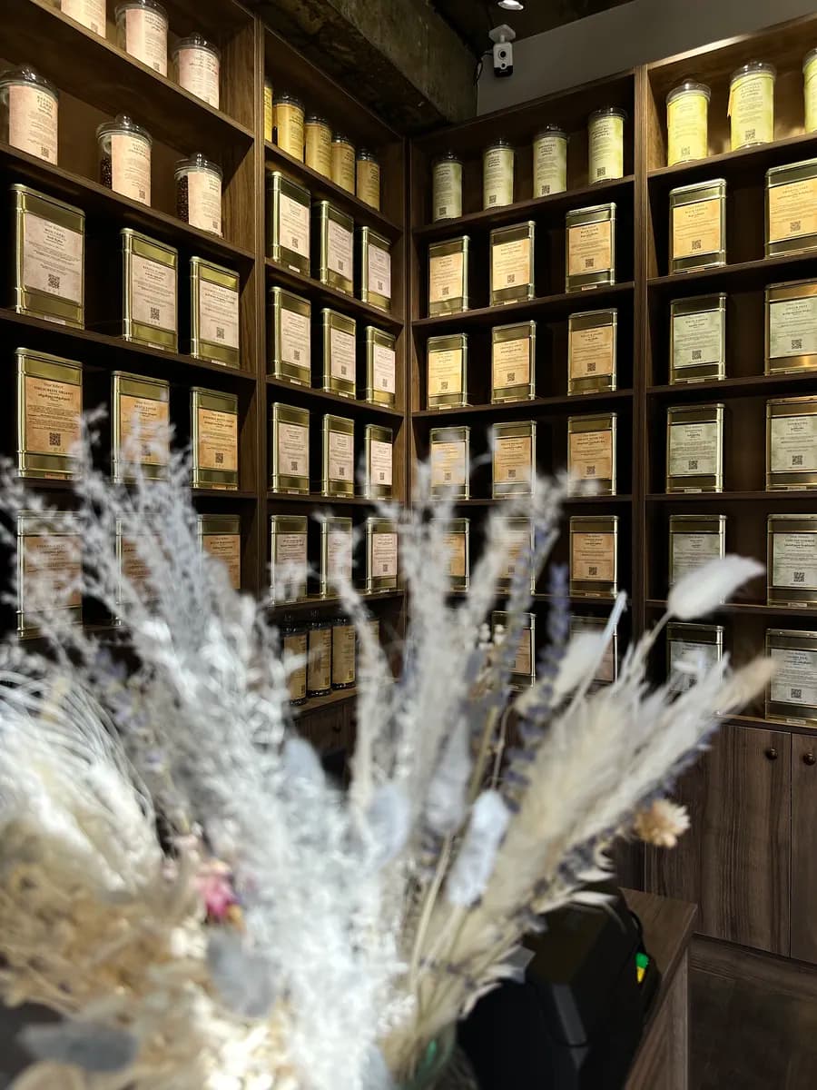 Dear Robert tea and coffee collection on wooden shelves, viewed through dried flowers