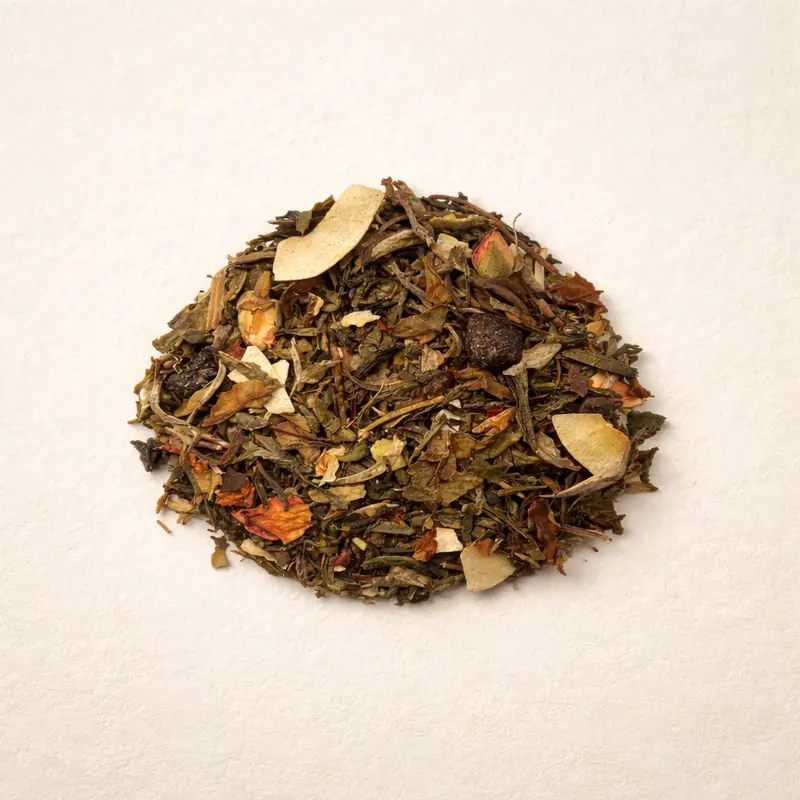 Cherry Silk — A blend of Chinese Bai Mu Dan white tea and green teas: Lu Shan Yun Wu, Long Jing, Dragon Pearl tea, and Indian green Darjeeling tea, freeze-dried cherries, coconut chips, and rose buds.. Buy tea at Dear Robert, Tbilisi