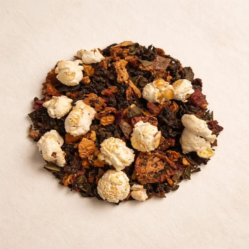 Endless Summer — Fire Flower oolong, Chinese green tea, papaya, raspberry, strawberry, rosehip, apple, popcorn, raisins, beetroot.. Buy tea at Dear Robert, Tbilisi