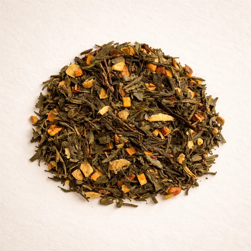 Ginger Shot — Japanese Sencha green tea, apple pieces, ginger, orange zest, lemon zest and lemon pieces, flavoring.. Buy tea at Dear Robert, Tbilisi