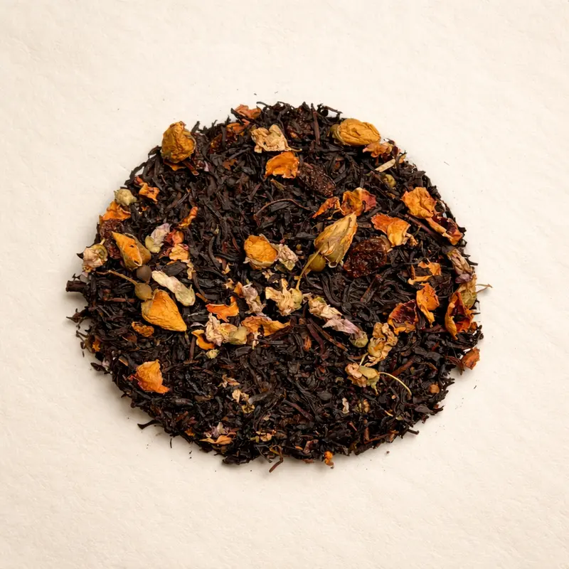 Immuno Gold — Black tea, flavoring, sea buckthorn berries, rose buds, mallow, rose petals.. Buy tea at Dear Robert, Tbilisi