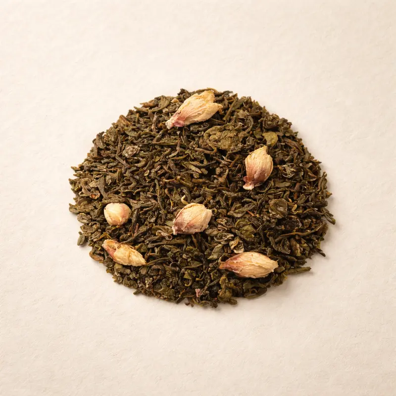 Jasmine Fizz — A blend of Chinese green tea Mao Feng (Guangxi), Dragon Pearl tea, flavoring, and white hibiscus.. Buy tea at Dear Robert, Tbilisi