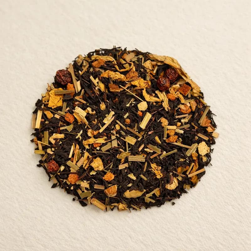 Oriental Cake — A blend of Ceylon, Indian, and Chinese black teas, ginger, orange zest, lemongrass, apple pieces, candied pineapple, coconut, flavoring, red currant, cardamom, and sunflower.. Buy tea at Dear Robert, Tbilisi