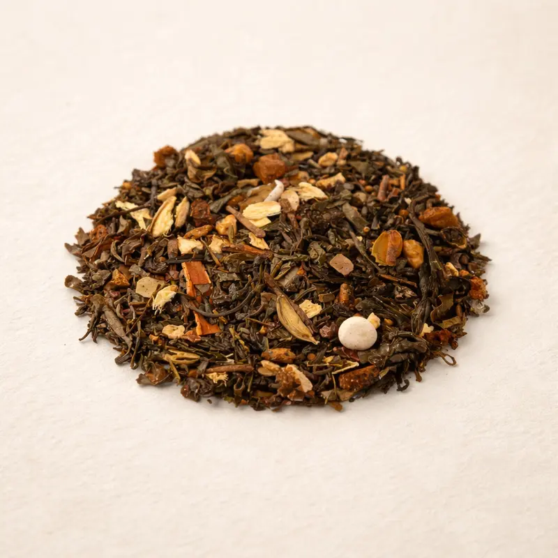 Panettone — A blend of white tea, Chinese green tea Ming Mei, and Japanese green tea Sencha, flavoring, candied pineapple, raisins, candied papaya, cacao nibs, candied mango, cinnamon sticks, coriander, cardamom, ginger, cloves, roasted almonds, meringue pieces, apricot pieces, and orange and lemon zest.. Buy tea at Dear Robert, Tbilisi