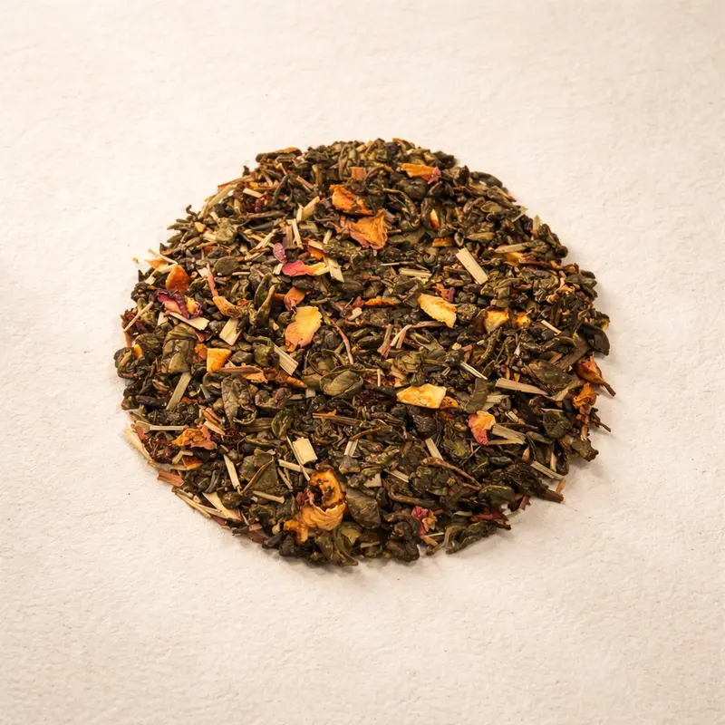 Strawberry Fields — Green tea, lemongrass, orange zest, rose petals, strawberry pieces, fruit paste (apple puree, passion fruit puree), flavoring.. Buy tea at Dear Robert, Tbilisi