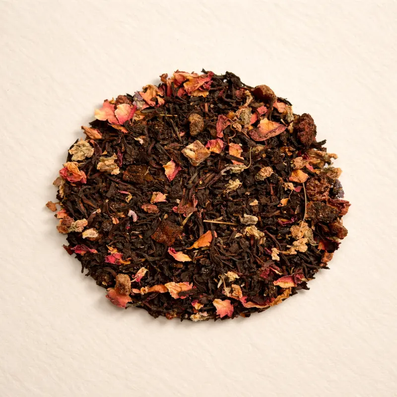 Violet & Lychee — Black tea, elderberry, date pieces, flavoring, raspberry, rose petals, vanilla, violet, lychee pieces.. Buy tea at Dear Robert, Tbilisi