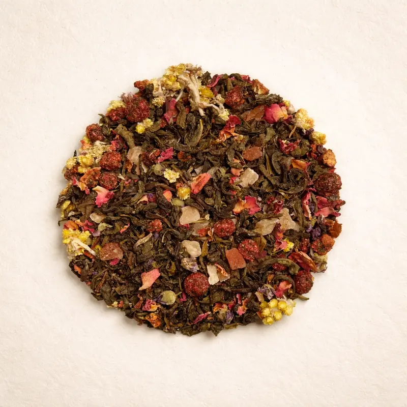 White Garden — Mao Feng white tea, candied pineapple, papaya, mango, flavoring, red currant, rose petals, strawberry pieces, jasmine flowers, mallow, immortelle flowers.. Buy tea at Dear Robert, Tbilisi
